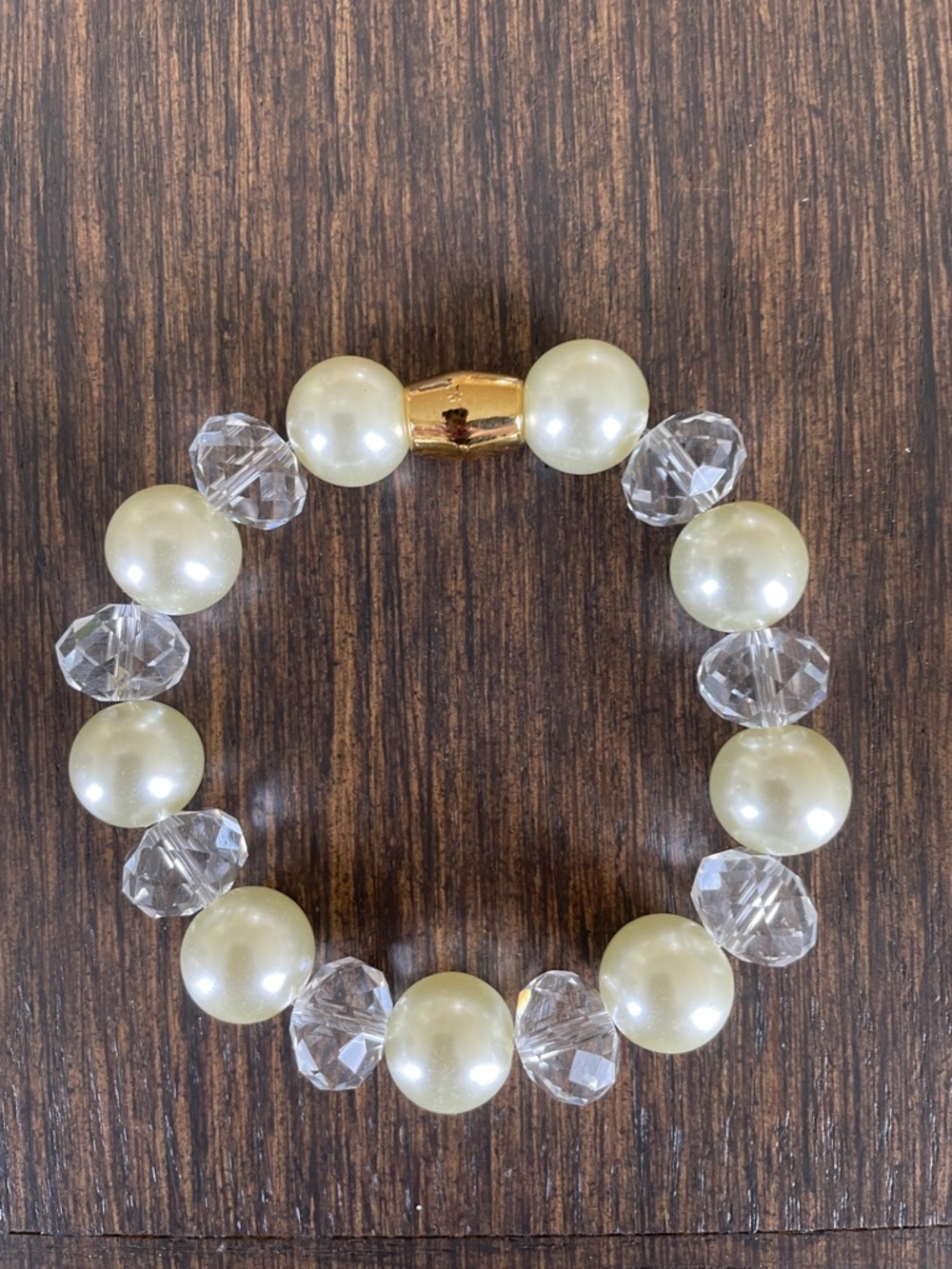 HAND CRAFTED FAUX PEARL & CLEAR CRYSTAL STRETCH BRACELET Cream Pearls Bridal - Picture 4 of 14